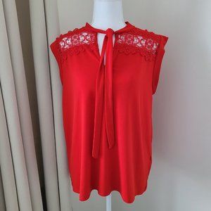 Short Sleeve Vibrant Red Blouse With Ties